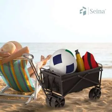 Seina 150 Pound Capacity Heavy Duty Steel Frame Collapsible Folding Outdoor Portable Utility Cart Wagon with All Terrain Plastic Wheels, Black