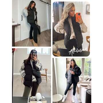 Athlisan Womens Zip Up Puffer Vest Stand Collar Sleeveless Padded Jacket Coat(Black-L)
