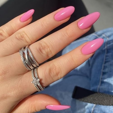 Glossy Pink Press on Nails Almond Medium, Summer Solid Color Fake Nails Press Ons Almond Shape, Stic...