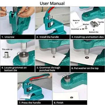 QWORK - Hand Press Heavy Duty Eyelet Grommet Machine Punch Tool Kit with 3 Dies and 1500 Pcs Silver Grommets