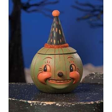 Bethany Lowe Jackie Green-O-Ween Cute Pumpkin Retro Vintage Halloween Decor Jar