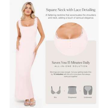 Popilush Shapewear Tank Dress Summer Maxi Dresses for Women Square Neck Lace Trim Going Out Vacation Dress Built-in Bra Pink