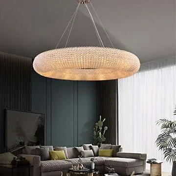 MEEROSEE Modern Crystal Chandeliers Ceiling Lights Fixtures Pendant Lighting Orb Ring Chandelier Contemporary Adjustable Stainless Steel Cable for Living Room Dining Room Island D39.37