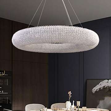 MEEROSEE Modern Crystal Chandeliers Ceiling Lights Fixtures Pendant Lighting Orb Ring Chandelier Contemporary Adjustable Stainless Steel Cable for Living Room Dining Room Island D39.37