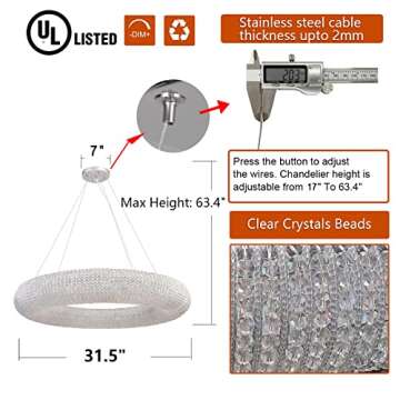 MEEROSEE Modern Crystal Chandeliers Ceiling Lights Fixtures Pendant Lighting Orb Ring Chandelier Contemporary Adjustable Stainless Steel Cable for Living Room Dining Room Island D39.37
