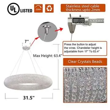 MEEROSEE Modern Crystal Chandeliers Ceiling Lights Fixtures Pendant Lighting Orb Ring Chandelier Contemporary Adjustable Stainless Steel Cable for Living Room Dining Room Island D39.37