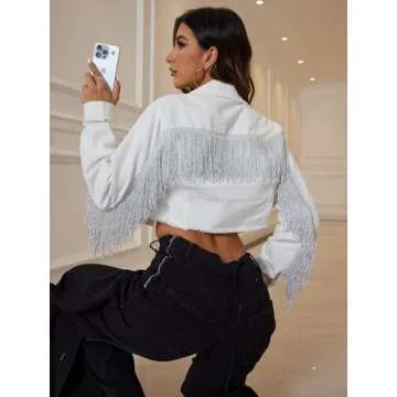 YILANUOYI Women’s Crop Denim Jacket Tassel Casual Jean Coat With Fringe(S107White,M)