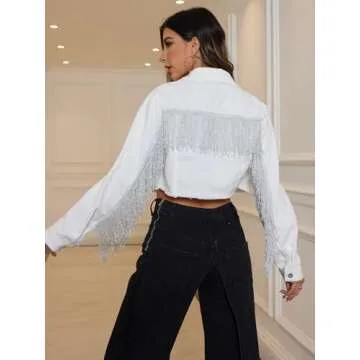 YILANUOYI Women’s Crop Denim Jacket Tassel Casual Jean Coat With Fringe(S107White,M)