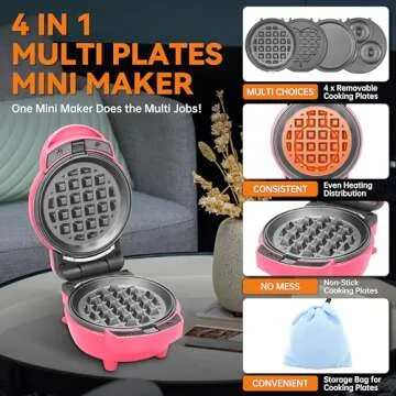 Baker's Friend 4 in 1 Mini Waffle Maker with Removable Plates, A Set of Mini Pancake Maker, Mini Don...