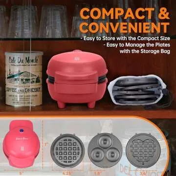 Baker's Friend 4 in 1 Mini Waffle Maker with Removable Plates, A Set of Mini Pancake Maker, Mini Donut Maker, Mini Heart Shape Waffle Maker and Small Waffle Maker, Compact Size, Recipe Included