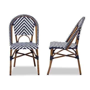Baxton Studio Celie Classic French Indoor and Outdoor Navy and White Bamboo Style Stackable Bistro Dining Chair Set
