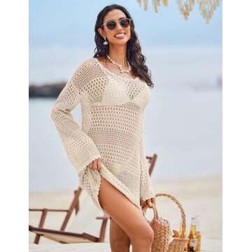 AI'MAGE Swimsuit Coverups for Women Hollow Out Beach Bikini Sexy Summer Cover Up Dress Apricot XL