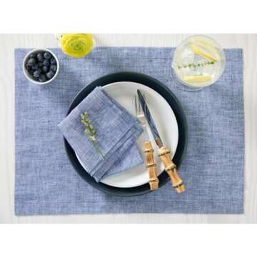 Solino Home Linen Napkins 20 x 20 Inch – 100% Pure Linen Chambray Indigo Cloth Napkins Set of 6 ?...