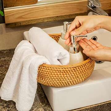 Round Wicker Baskets Handwoven Fruit And Vegetable Storage for Serving Potatoes Onions Bread Rattan Decor Basket Stackable Set 3 Fruit Holder for Kitchen Countertop Organizing Bathroom (Honey Brown)