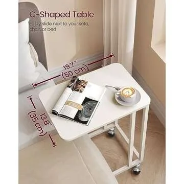 VASAGLE End Table, C Shaped TV Tray with Metal Frame Rolling Casters for Coffee Laptop Mobile Tablet, Industrial Side Table for Living Room Bedroom, 19.7 x 13.8 x 23.6 Inches, Cream White ULNT050W77