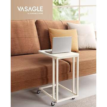 VASAGLE End Table, C Shaped TV Tray with Metal Frame Rolling Casters for Coffee Laptop Mobile Tablet, Industrial Side Table for Living Room Bedroom, 19.7 x 13.8 x 23.6 Inches, Cream White ULNT050W77