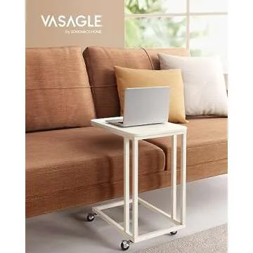 VASAGLE End Table, C Shaped TV Tray with Metal Frame Rolling Casters for Coffee Laptop Mobile Tablet, Industrial Side Table for Living Room Bedroom, 19.7 x 13.8 x 23.6 Inches, Cream White ULNT050W77