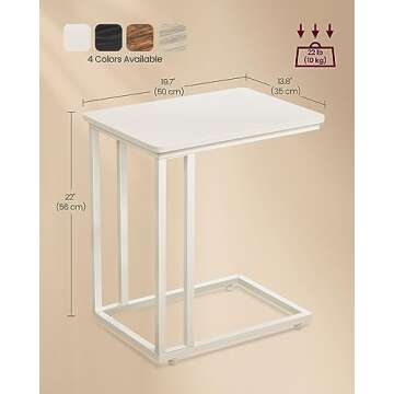 VASAGLE End Table, C Shaped TV Tray with Metal Frame Rolling Casters for Coffee Laptop Mobile Tablet, Industrial Side Table for Living Room Bedroom, 19.7 x 13.8 x 23.6 Inches, Cream White ULNT050W77