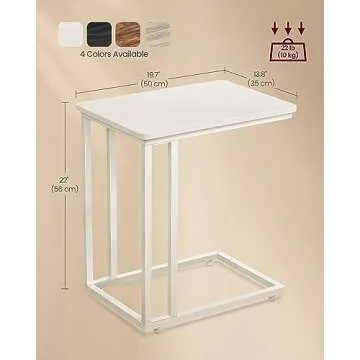 VASAGLE End Table, C Shaped TV Tray with Metal Frame Rolling Casters for Coffee Laptop Mobile Tablet, Industrial Side Table for Living Room Bedroom, 19.7 x 13.8 x 23.6 Inches, Cream White ULNT050W77