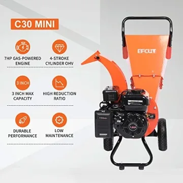 EFCUT C30 Mini Wood Chipper Shredder Mulcher Heavy Duty 7 HP 212cc Gas Powered Engine 3" Inch Max Wood Diameter Capacity Compact Design