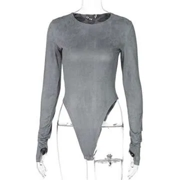 malianna Women O Neck Long Sleeve Bodysuit Solid Color Stretch Thong Jumpsuits (Grey, L)