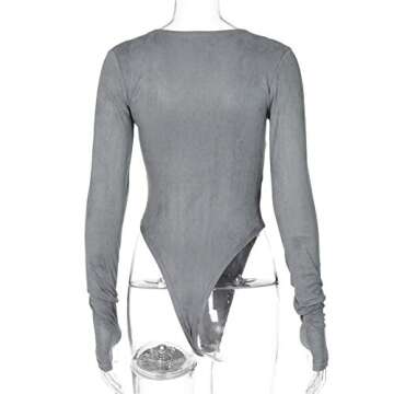 malianna Women O Neck Long Sleeve Bodysuit Solid Color Stretch Thong Jumpsuits (Grey, L)