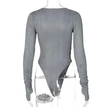 malianna Women O Neck Long Sleeve Bodysuit Solid Color Stretch Thong Jumpsuits (Grey, L)