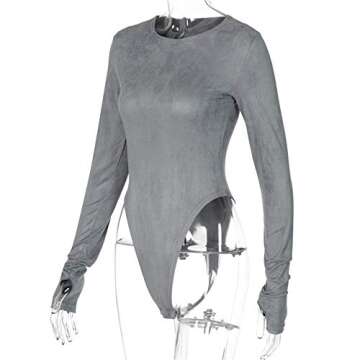 malianna Women O Neck Long Sleeve Bodysuit Solid Color Stretch Thong Jumpsuits (Grey, L)