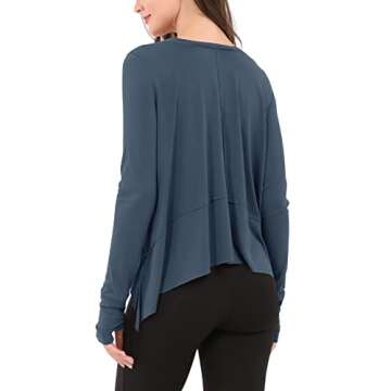 ODODOS Long Sleeve Tee for Women with Thumb Hole Athletic Gym Workout Crop Tops Yoga Shirts, Dark Bl...