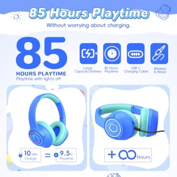 Kids Bluetooth Headphones | 85H Playtime, LED Lights, Safe Volume & Built-in Mic