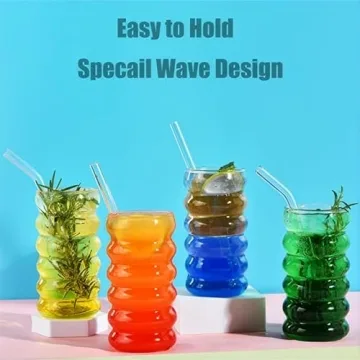 ALINK 16 oz Wave Glass Cups with Straws Brush Set