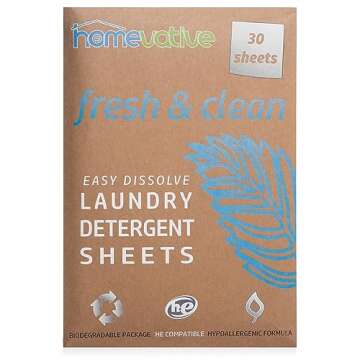 Homevative Laundry Detergent Sheets, 30 Sheets, Up to 60 Loads, Easy Dissolve, Fresh & Clean, Eco package, HE Compatible, Septic friendly, Great for travel, college, laundromat and at home