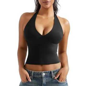 OMKAGI Womens Tank Tops Sexy Halter V Neck Going Out Tops Sleeveless Y2K Crop Top(M,293-Black)
