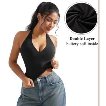 OMKAGI Womens Tank Tops Sexy Halter V Neck Going Out Tops Sleeveless Y2K Crop Top(M,293-Black)