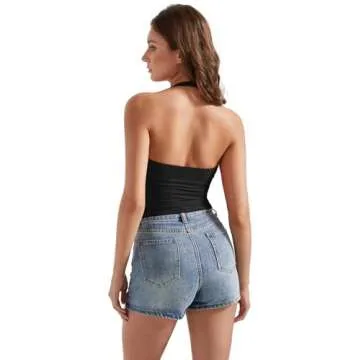 OMKAGI Womens Tank Tops Sexy Halter V Neck Going Out Tops Sleeveless Y2K Crop Top(M,293-Black)