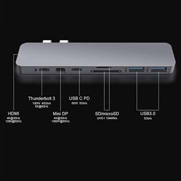 HyperDrive Mac USB C Hub Adapter, Multi-Port Hub MacBook Pro 2020 2019-2016, MacBook Air 8-in-2 Dongle w Thunderbolt 3, USB-C 100W PD, 4K HDMI, MiniDP, microSD/SD Card Reader, 2xUSB A - Gray