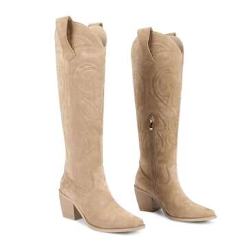 wetkiss Western Boots for Women Cowboy Boots for Women Cowboy Cowgirl Boots Mid Calf Cowboy Cowgirl Boots Knee High Cowboy Boots Tall Western Boots Boots for Women（Apricot-8.5）