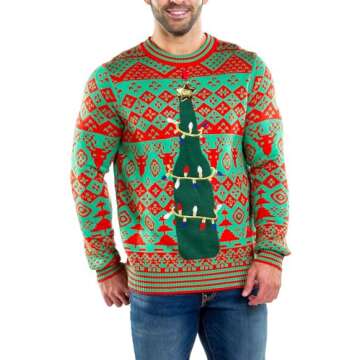 Tipsy Elves Men's Ugly Christmas Sweaters - Funny and Tacky Embellished Christmas Sweaters for Men - Red and Green Decorated Beer Christmas Sweater with Real Star Topper Bottle Opener Size X-Large