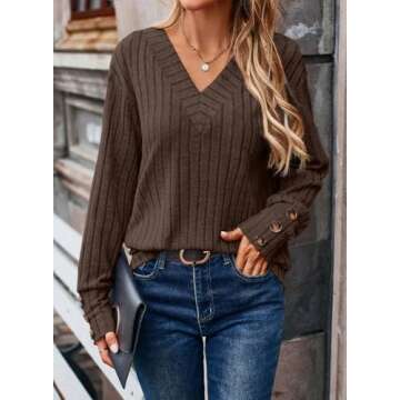 Dokotoo Long Sleeve Shirts for Women V Neck Cute Soft Solid Button Detail Tunic Tops Casual Teacher ...