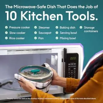 Anyday Cookware Plastic-Free Microwave Dish, 2-Piece Large Shallow Glass Storage Container with Lid for Steaming, Roasting, Serving & Storing Food, 8.7" x 3", Kale