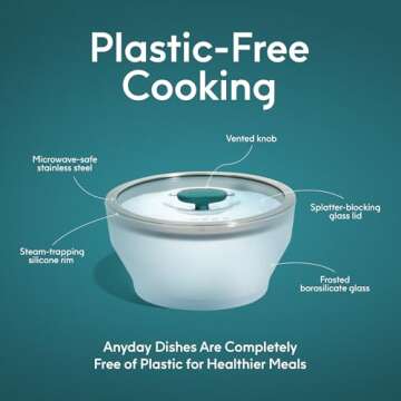 Anyday Cookware Plastic-Free Microwave Dish, 2-Piece Large Shallow Glass Storage Container with Lid for Steaming, Roasting, Serving & Storing Food, 8.7" x 3", Kale