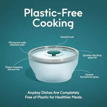 Anyday Cookware Plastic-Free Microwave Dish, 2-Piece Large Shallow Glass Storage Container with Lid for Steaming, Roasting, Serving & Storing Food, 8.7" x 3", Kale