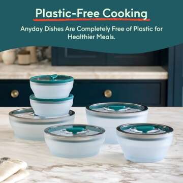 Anyday Cookware Plastic-Free Microwave Dish, 2-Piece Large Shallow Glass Storage Container with Lid for Steaming, Roasting, Serving & Storing Food, 8.7" x 3", Kale