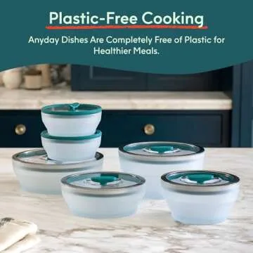 Anyday Cookware Plastic-Free Microwave Dish, 2-Piece Large Shallow Glass Storage Container with Lid for Steaming, Roasting, Serving & Storing Food, 8.7" x 3", Kale