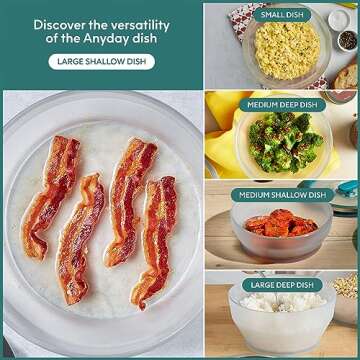 Anyday Cookware Plastic-Free Microwave Dish, 2-Piece Large Shallow Glass Storage Container with Lid for Steaming, Roasting, Serving & Storing Food, 8.7" x 3", Kale