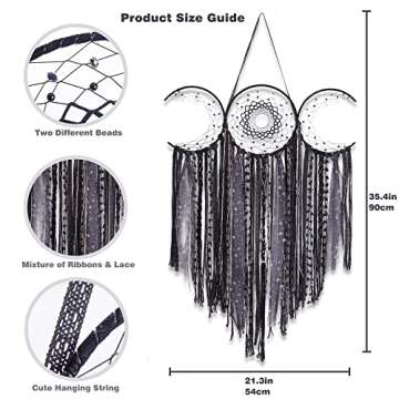 ANROYE Black Triple Moon Goddess Macrame Wall Hanging, Wicca Crescent Dream Catcher for Witch Home, Dreamcatcher for Bedroom Decoration, Pagan Woven Tapestry for Wiccan Adults Decor