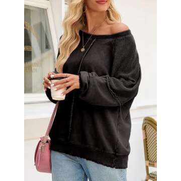 SHEWIN Womens Spring Fashion 2025 Casual Crewneck Lightweight Sweatshirts Loose Long Sleeve Oversized Sweatshirt for Women Black X-Large