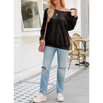 SHEWIN Womens Spring Fashion 2025 Casual Crewneck Lightweight Sweatshirts Loose Long Sleeve Oversized Sweatshirt for Women Black X-Large