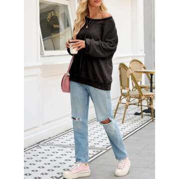 SHEWIN Womens Spring Fashion 2025 Casual Crewneck Lightweight Sweatshirts Loose Long Sleeve Oversized Sweatshirt for Women Black X-Large