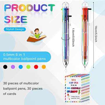 30 Pcs End of Year Student Gifts 0.5mm 6 in 1 Multicolor Ballpoint Pen Cards from Teacher 6 Colors R...
